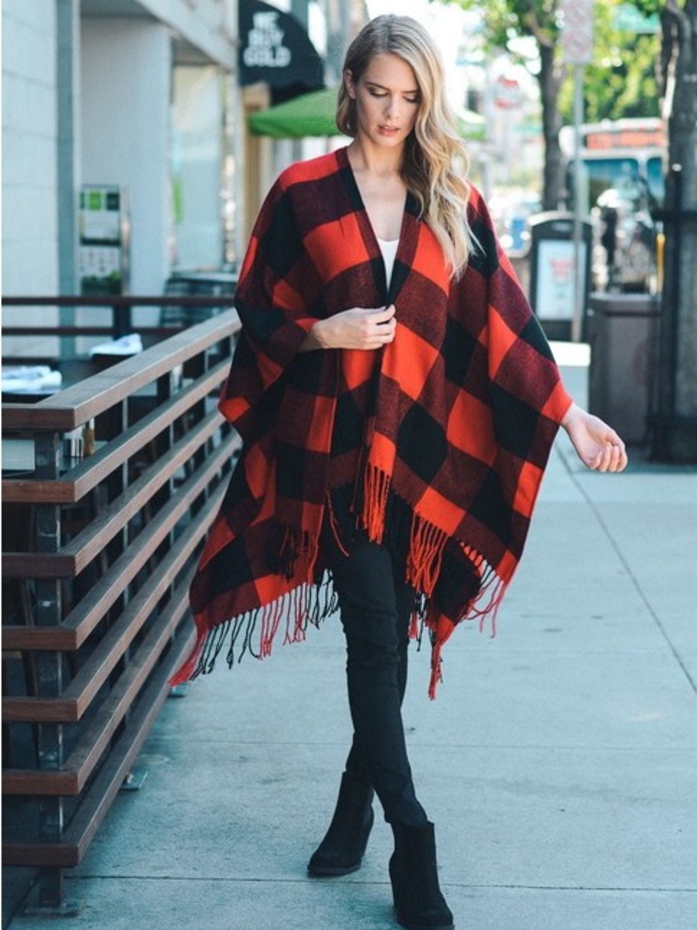 Red Plaid Fringe Open-Front Poncho Sweater